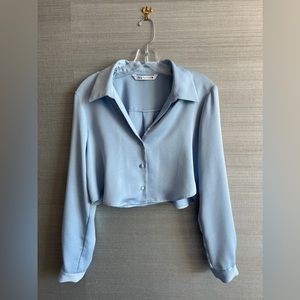 Zara ✨NWOT✨ SATIN EFFECT CROPPED SHIRT - Light Blue - S 🚨 SOLD OUT 🚨
